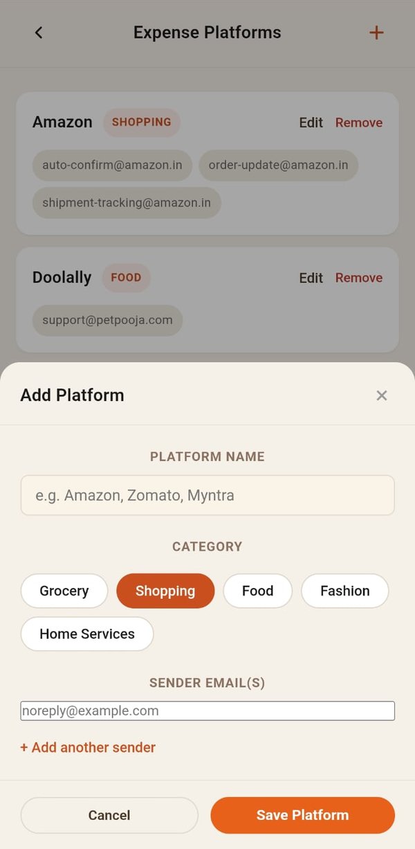 Expense platforms screen listing Amazon and other stores